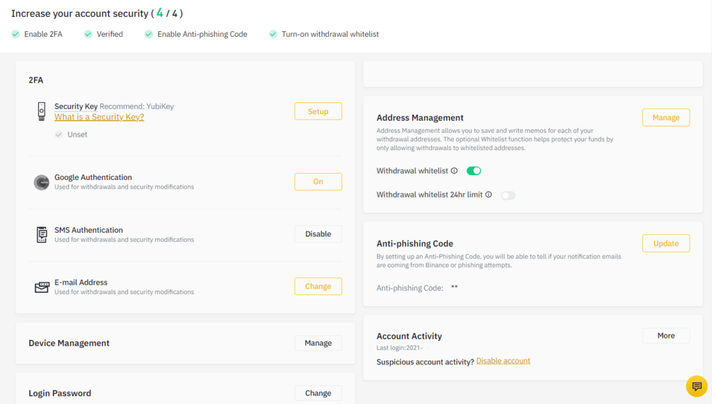 Security methods on Binance account
