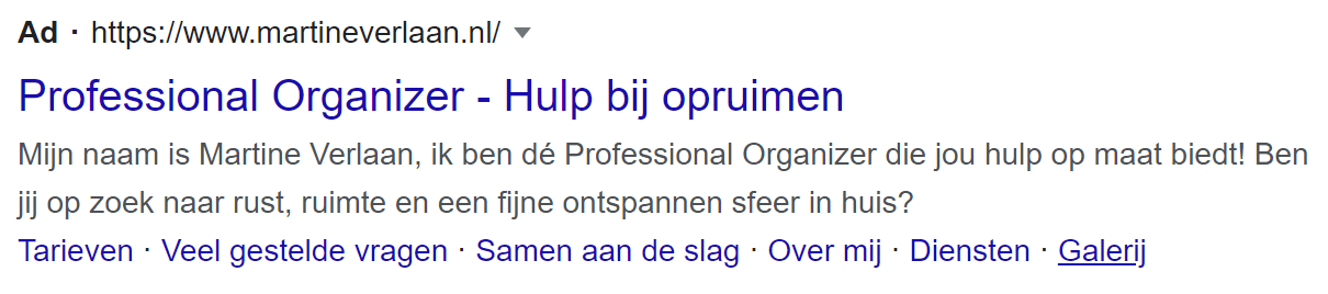 Opruimcoach advertentie op Google